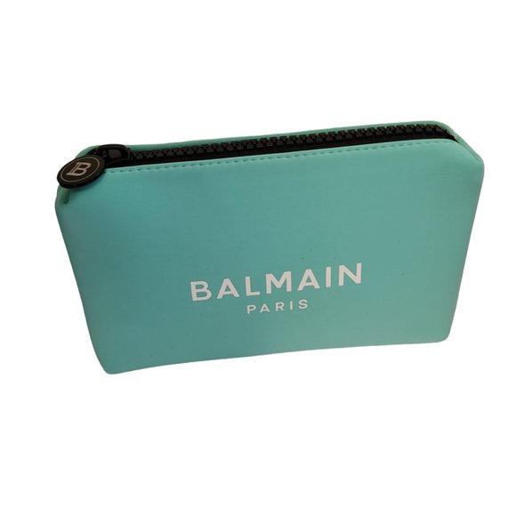 Balmain Paris Cosmetic Bag Turquoise Blue Neoprene Padded Logo Zipper New - Picture 3 of 13